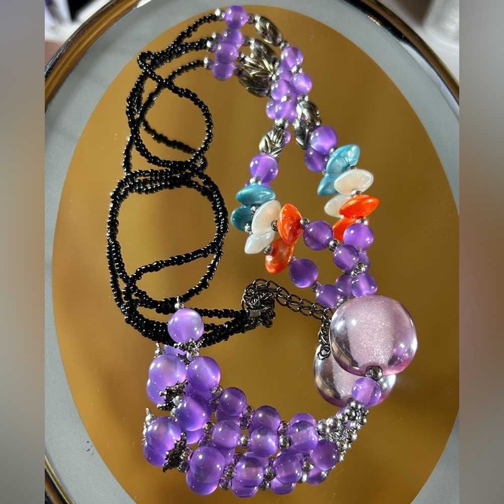 Vibrant Purple Cat-Eye‎ Beaded Tassel Necklace • Boho Statement Piece